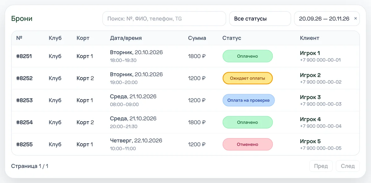 Экран «Брони» в кабинете владельца Твинер